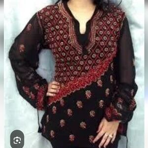 Women India Bohemian M L Cotton Kurti, Black Net Embroidery Chikan Women Kurta12